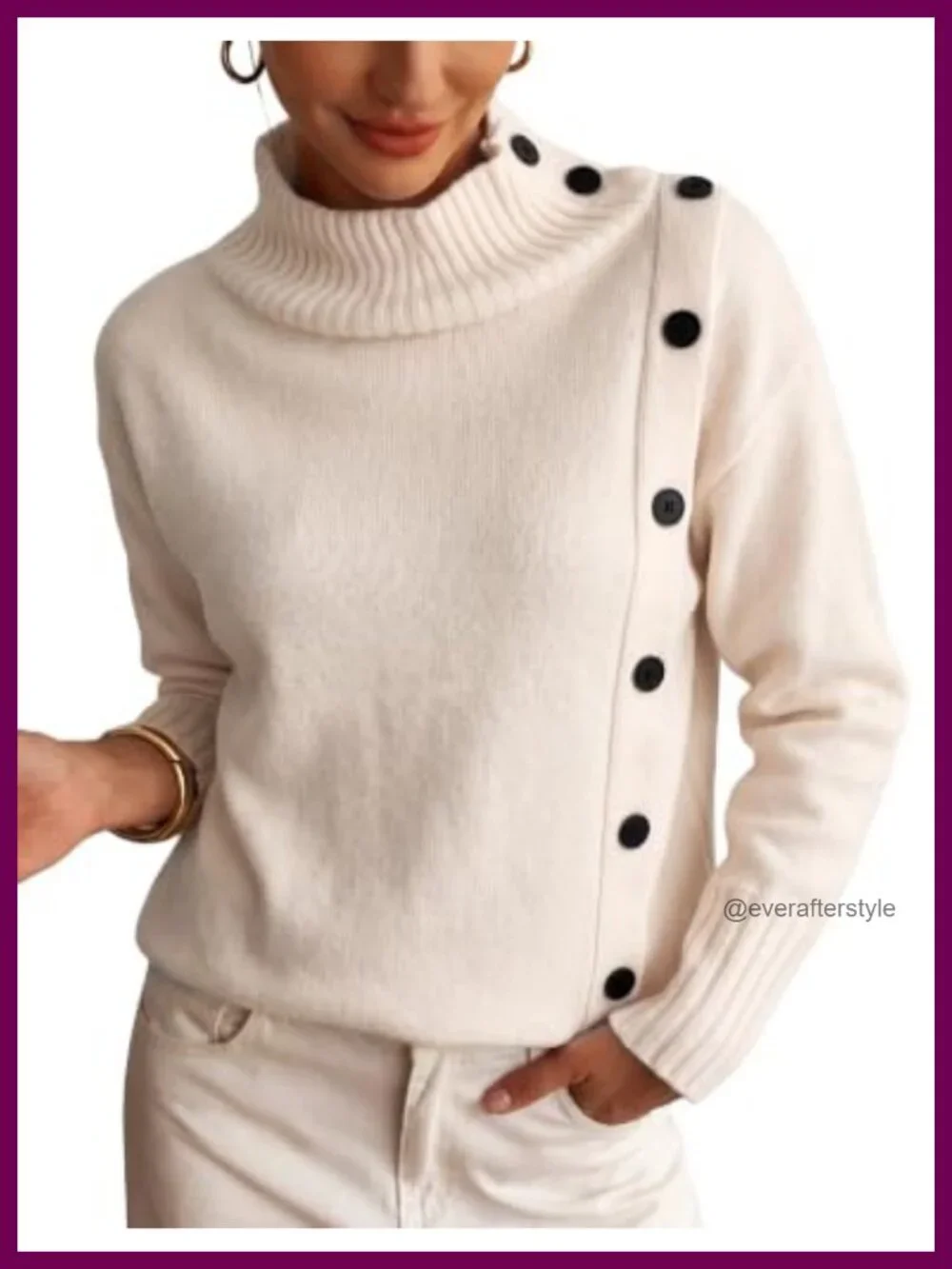 Women's Turtleneck Knit Pullover Sweater - Asymmetric Button Detail Relaxed Fit